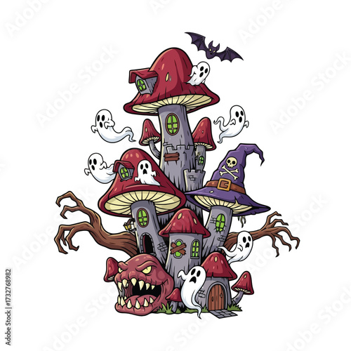 Halloween scene with mushroom houses, ghosts, monster, and bat