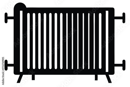 A black silhouette shows a vintage home radiator on a white background