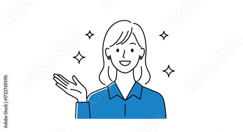 A cheerful woman with short hair, smiling and gesturing with her open hand, radiating positivity.