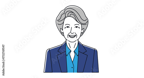 A smiling older woman, illustrated in a business suit, looking directly at the viewer.