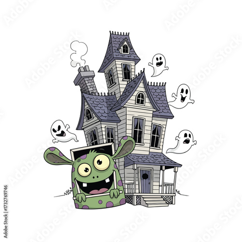 Monster and ghosts in front of a haunted house isolated on white background