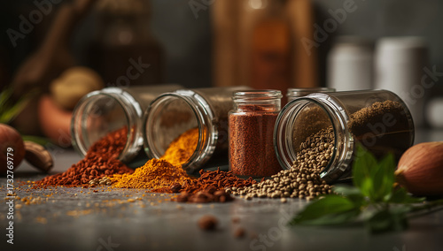 Dramatic professional close-up of assorted whole and ground spices including chili powder and peppercorns, spilling from glass jars onto a dark kitchen counter, perfect for food, cooking, and health t