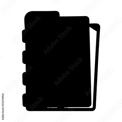 Stylized black and white silhouette of a ring bound notebook or document