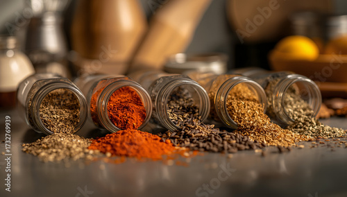 Professional close-up of five glass spice jars turned on their sides, spilling colorful whole and ground spices onto a dark kitchen counter, highlighting cooking ingredients and culinary art.