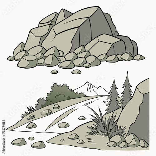 Cartoon grey stone and rock clipart, 3D boulders and pebbles, a pile of rubble and debris, isolated natural landscape elements, and mountain cliff and rocky terrain design. Vector set