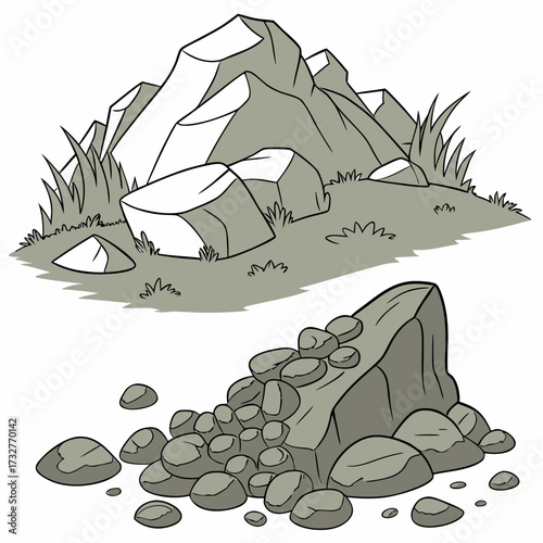 Cartoon grey stone and rock clipart, 3D boulders and pebbles, a pile of rubble and debris, isolated natural landscape elements, and mountain cliff and rocky terrain design. Vector set