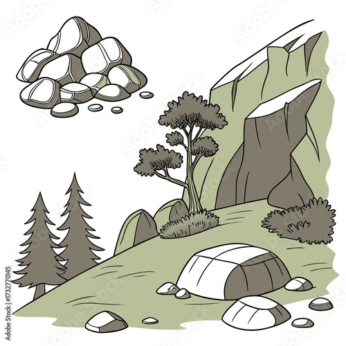 Cartoon grey stone and rock clipart, 3D boulders and pebbles, a pile of rubble and debris, isolated natural landscape elements, and mountain cliff and rocky terrain design. Vector set