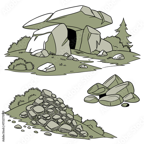 Cartoon grey stone and rock clipart, 3D boulders and pebbles, a pile of rubble and debris, isolated natural landscape elements, and mountain cliff and rocky terrain design. Vector set