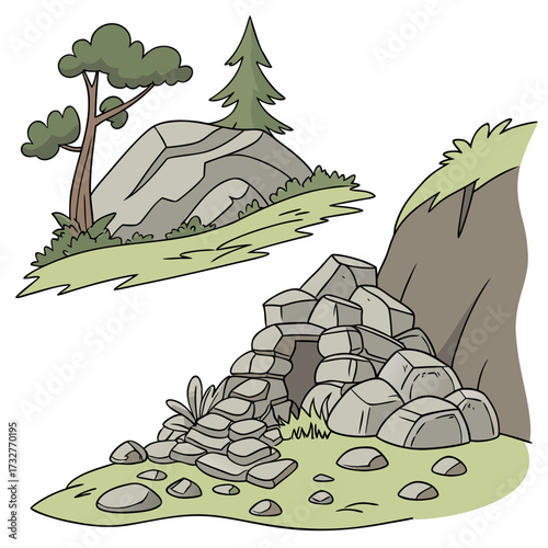 Cartoon grey stone and rock clipart, 3D boulders and pebbles, a pile of rubble and debris, isolated natural landscape elements, and mountain cliff and rocky terrain design. Vector set