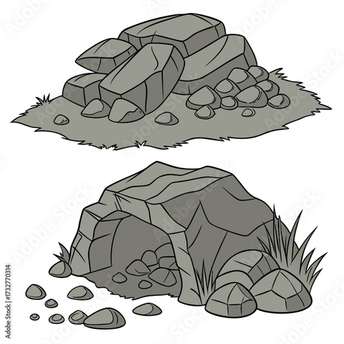 Cartoon grey stone and rock clipart, 3D boulders and pebbles, a pile of rubble and debris, isolated natural landscape elements, and mountain cliff and rocky terrain design. Vector set