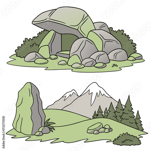 Cartoon grey stone and rock clipart, 3D boulders and pebbles, a pile of rubble and debris, isolated natural landscape elements, and mountain cliff and rocky terrain design. Vector set