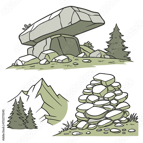 Cartoon grey stone and rock clipart, 3D boulders and pebbles, a pile of rubble and debris, isolated natural landscape elements, and mountain cliff and rocky terrain design. Vector set