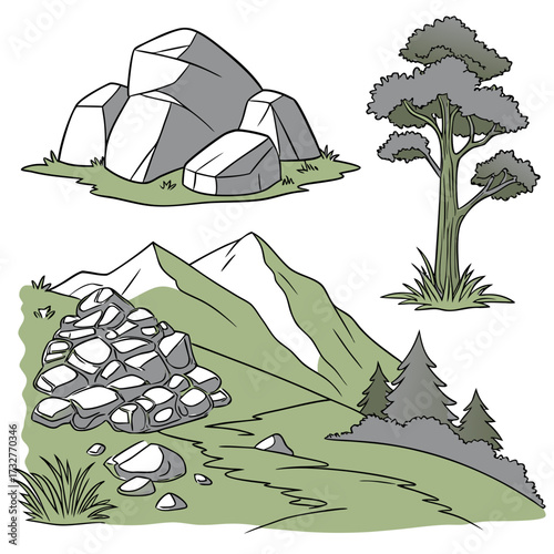 Cartoon grey stone and rock clipart, 3D boulders and pebbles, a pile of rubble and debris, isolated natural landscape elements, and mountain cliff and rocky terrain design. Vector set