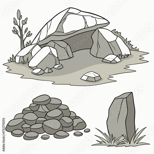 Cartoon grey stone and rock clipart, 3D boulders and pebbles, a pile of rubble and debris, isolated natural landscape elements, and mountain cliff and rocky terrain design. Vector set