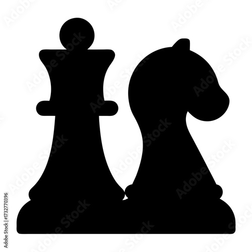 Chess Queen and Knight Pieces in Black Silhouette Design, Strategic Elements