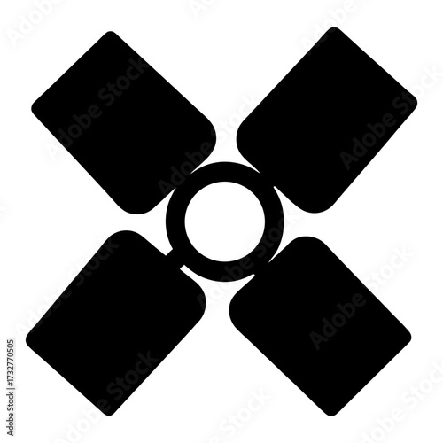 Symmetrical stylized four blade rotor in black with a central ring element