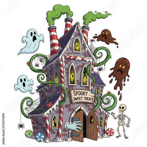 Spooky sweet treats haunted house with ghosts and skeleton