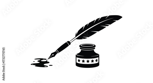 Quill Pen and Inkwell Illustration in Black and White for Writing
