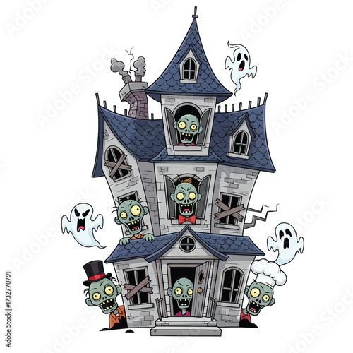 Haunted house with zombies and ghosts, isolated on white background