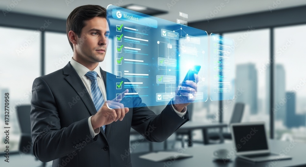 Fototapeta premium Businessman Interacts with Futuristic Holographic Technology in a Modern Office Environment