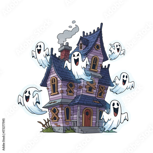 Haunted house with ghosts flying around isolated on white background