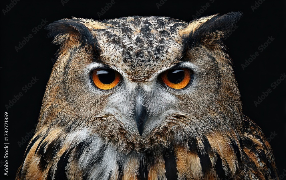 Fototapeta premium Intense gaze of a majestic eagle owl with striking orange eyes against a dark background
