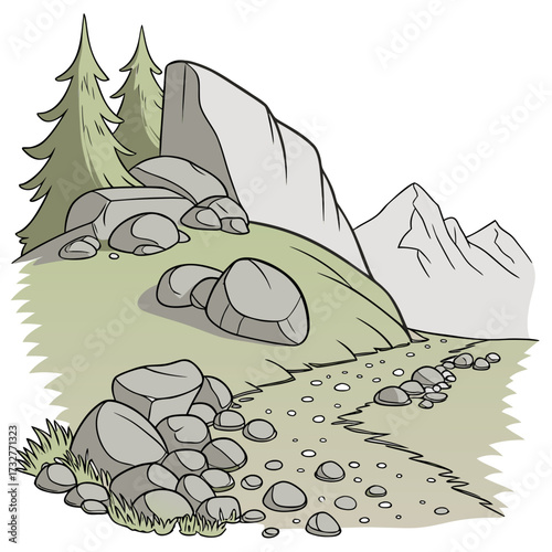 Cartoon grey stone and rock clipart, 3D boulders and pebbles, a pile of rubble and debris, isolated natural landscape elements, and mountain cliff and rocky terrain design. Vector set