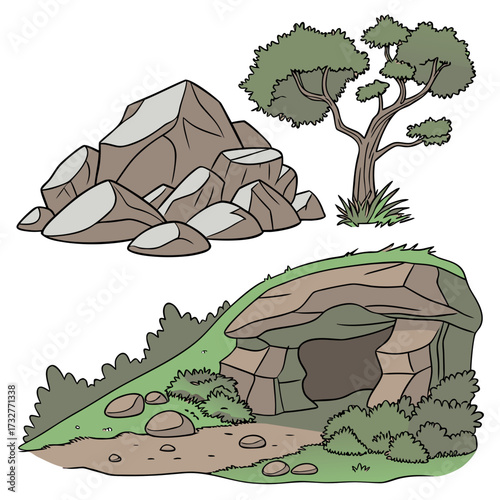 Cartoon grey stone and rock clipart, 3D boulders and pebbles, a pile of rubble and debris, isolated natural landscape elements, and mountain cliff and rocky terrain design. Vector set