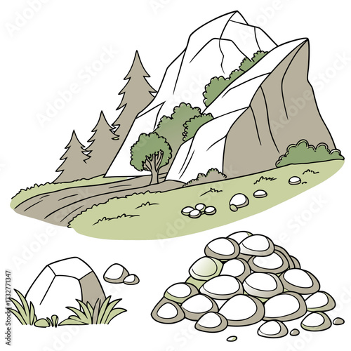 Cartoon grey stone and rock clipart, 3D boulders and pebbles, a pile of rubble and debris, isolated natural landscape elements, and mountain cliff and rocky terrain design. Vector set