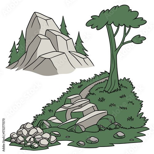 Cartoon grey stone and rock clipart, 3D boulders and pebbles, a pile of rubble and debris, isolated natural landscape elements, and mountain cliff and rocky terrain design. Vector set