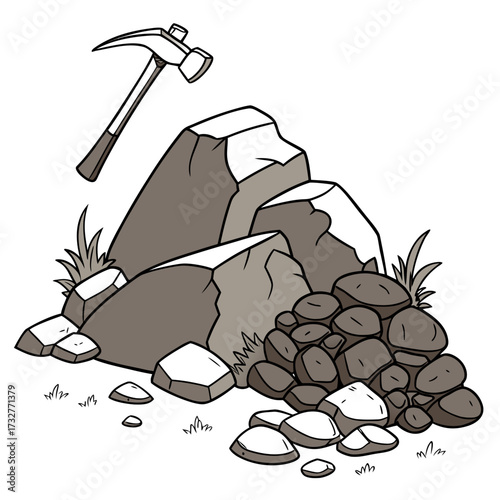 Cartoon grey stone and rock clipart, 3D boulders and pebbles, a pile of rubble and debris, isolated natural landscape elements, and mountain cliff and rocky terrain design. Vector set