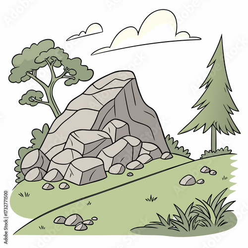 Cartoon grey stone and rock clipart, 3D boulders and pebbles, a pile of rubble and debris, isolated natural landscape elements, and mountain cliff and rocky terrain design. Vector set