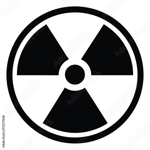 Black and white portrays radioactive symbol enclosed within double circle, creating bold hazard icon
