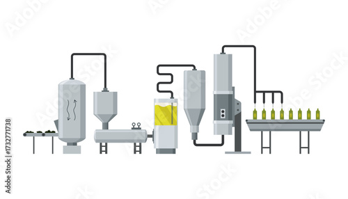 Olive oil production in factory line, manufacture process. Washing and pressing of olive harvest, filtration and refining with machinery, bottling for delivery cartoon vector illustration