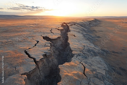 A vast, cracked desert landscape under a warm sunset, featuring a deep fissure stretching into the horizon, conveying drought and geological forces.