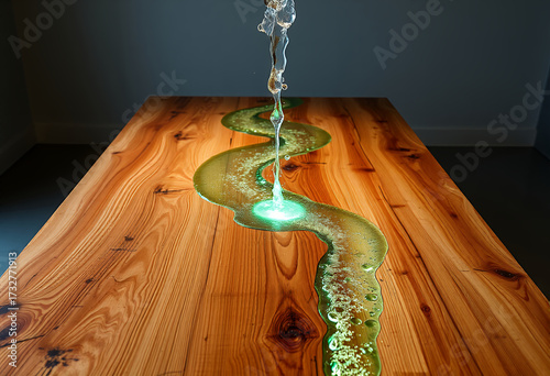 An exquisite wooden table showcasing an artistic river design with illuminated water flowing down its center