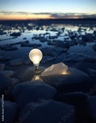A radiant glowing light bulb illuminating from the ice in the ocean, against the calm of dusk. The perfect symbol of creativity, innovation and bright ideas