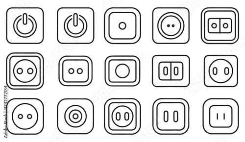 Minimal line illustration of household electricity icons including plugs, sockets, power buttons, and energy control symbols