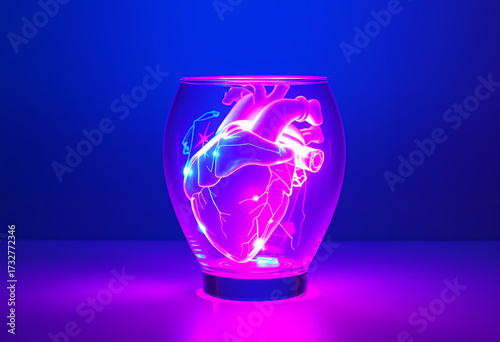 A human heart model, glowing with vibrant light, encased in a glass