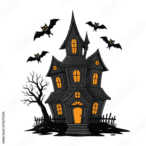 Dark haunted house with bats flying, isolated on white background