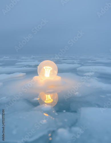A glowing lightbulb illuminating a frozen landscape, creating a sense of wonder and innovation