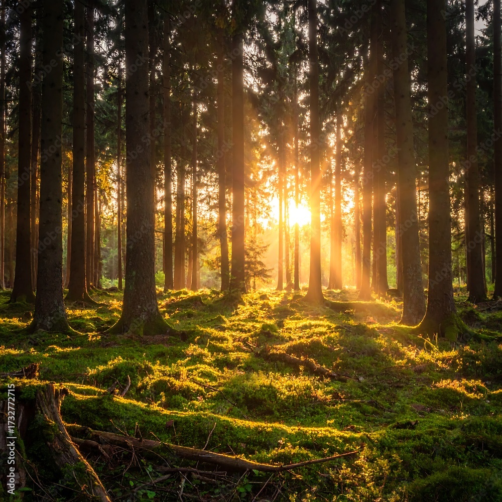 Fototapeta premium Sunlight streams through a forest