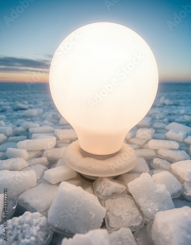 A bright orb-shaped light rests on ice. The image features a cool, blue sky in the background and a foreground of ice chunks. 