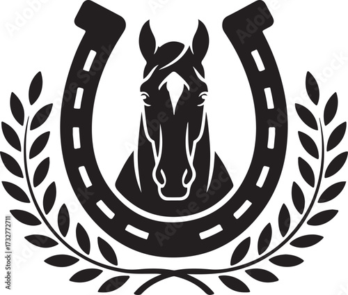 Horse silhouette inside horseshoe vector illustration with laurel emblem design