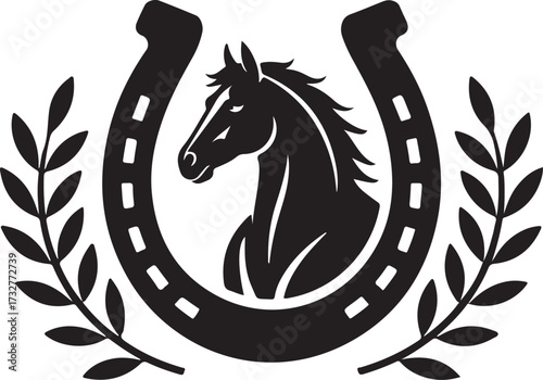 Horse silhouette inside horseshoe vector illustration with laurel branches, equestrian emblem design template for racing, riding, farm, ranch, competition, agriculture, victory, tradition, and heritag