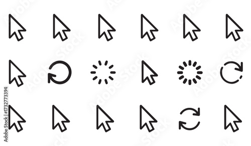 Outline icons of digital design symbols such as loading spinners, refresh loops, and navigation cursors for technology and UI concepts