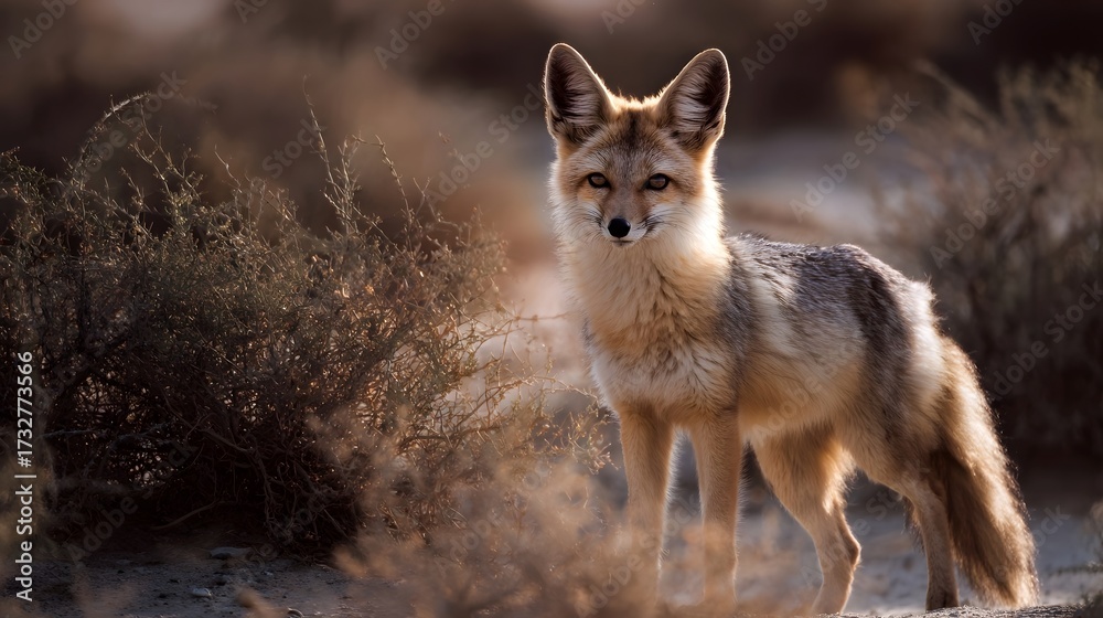 Fototapeta premium An alert desert fox stands in its arid habitat looking towards the under warm sunlight