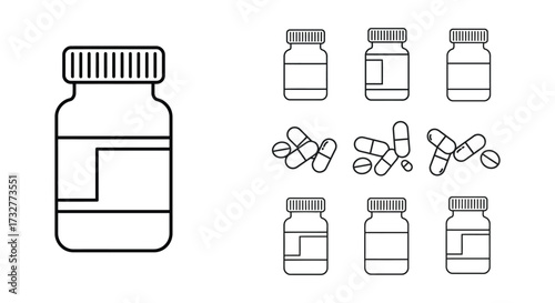 Outline illustration of medicine bottles and capsules on a white background
