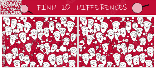Find the differences in the picture. Crowd of Santa Clauses. Find hidden objects in the picture. Christmas puzzle game for kids. Sketch vector illustration