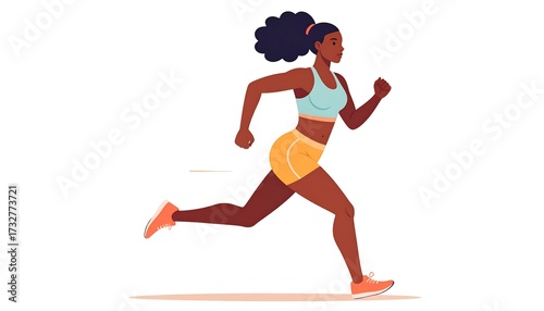 A dynamic cartoon illustration depicts an athletic woman of color in motion, running across a white backdrop. She's in sports attire